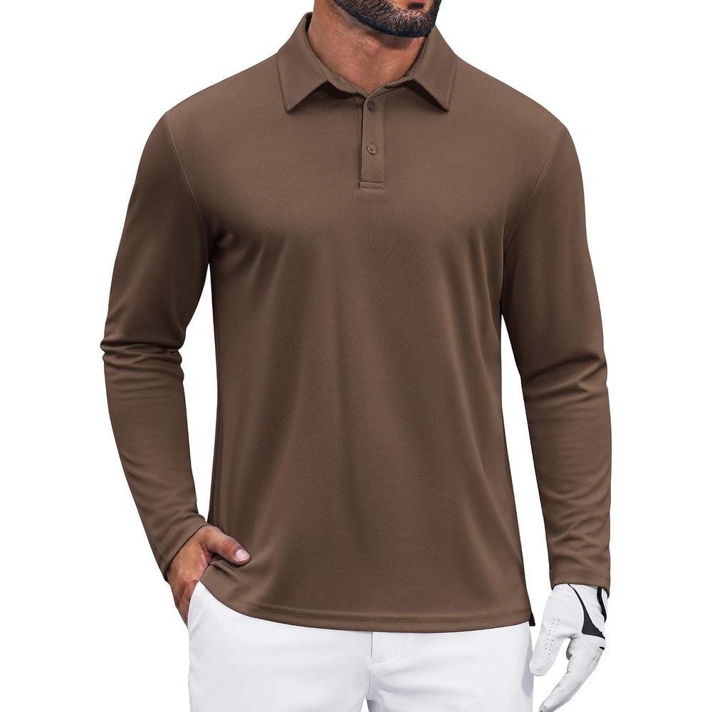 image:imageCOOFANDY Mens Polo Shirts Long Sleeve UPF 50 Moisture Wicking Golf Shirt  3 Button Lightweight Collared Shirts Shape Retaining Classic Basic Polos Ideal for Golf Tennis and Daily Casual WearLight Brown