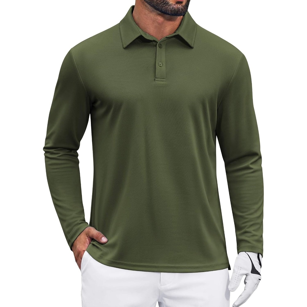 image:imageCOOFANDY Mens Polo Shirts Long Sleeve UPF 50 Moisture Wicking Golf Shirt 3 Button Lightweight Collared Shirts Shape Retaining Classic Basic Polos Ideal for Golf Tennis and Daily Casual WearOlive Green
