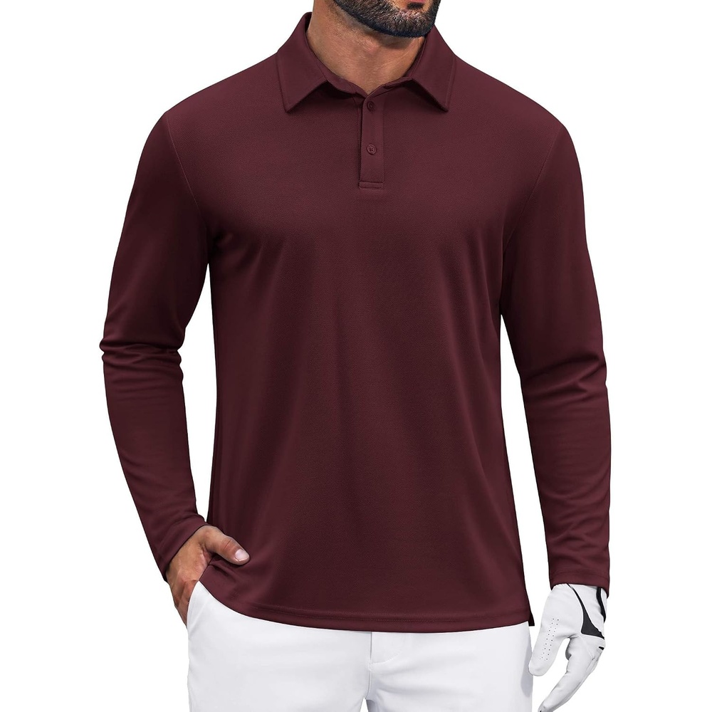 image:imageCOOFANDY Mens Polo Shirts Long Sleeve UPF 50 Moisture Wicking Golf Shirt  3 Button Lightweight Collared Shirts Shape Retaining Classic Basic Polos Ideal for Golf Tennis and Daily Casual WearWine Red