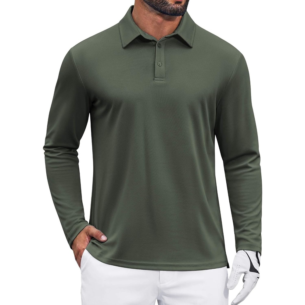 image:imageCOOFANDY Mens Polo Shirts Long Sleeve UPF 50 Moisture Wicking Golf Shirt 3 Button Lightweight Collared Shirts Shape Retaining Classic Basic Polos Ideal for Golf Tennis and Daily Casual WearArmy Green