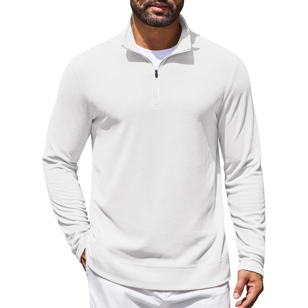 image:imageCOOFANDY Mens Quarter Zip Pullover Lightweight Waffle Mock Neck Sweatshirts 14 Zip Sweatshirt Breathable Waffle Texture Long Sleeve Solid Color Warm for Fall Winter Layering Daily Casual WearWhite