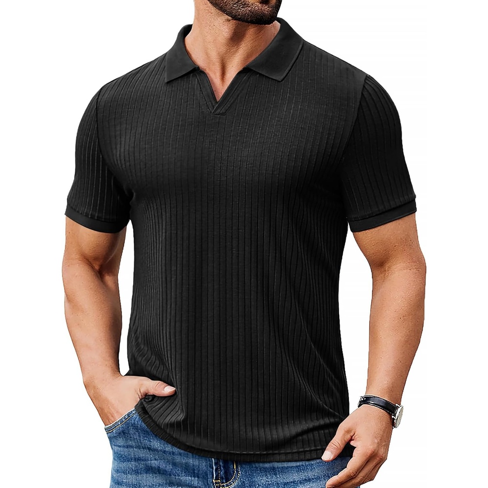 image:imageCOOFANDY Mens Ribbed Polo Shirts Short Sleeve V Neck Slim Fit Polo TShirt Casual Summer Collared Golf ShirtAblack