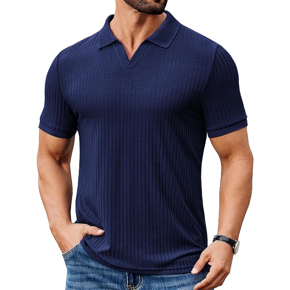 image:imageCOOFANDY Mens Ribbed Polo Shirts Short Sleeve V Neck Slim Fit Polo TShirt Casual Summer Collared Golf ShirtAnavy Blue