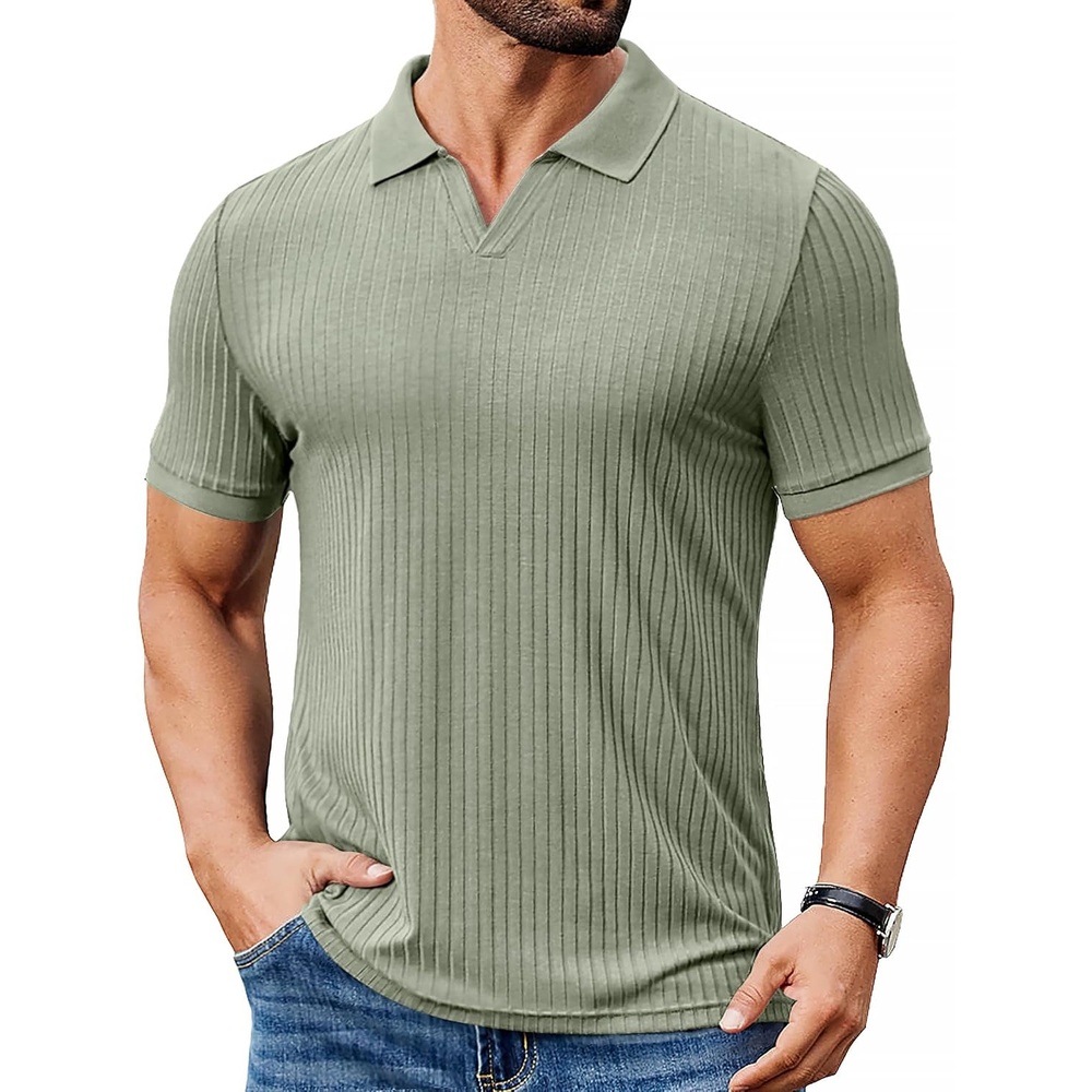 image:imageCOOFANDY Mens Ribbed Polo Shirts Short Sleeve V Neck Slim Fit Polo TShirt Casual Summer Collared Golf ShirtLight Green