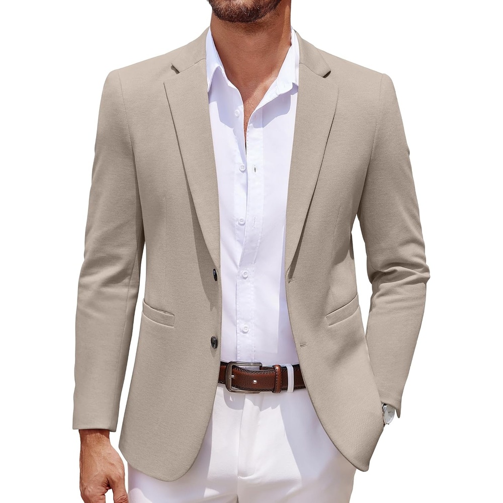 image:imageCOOFANDY Mens Sport Coats Casual Knit Blazer Two Button Suit Jacket Modern Slimfit Silhouette with Structured ShouldersStretch Comfort amp Versatile Style for WeddingsBusiness or Daily WearKhaki Grey