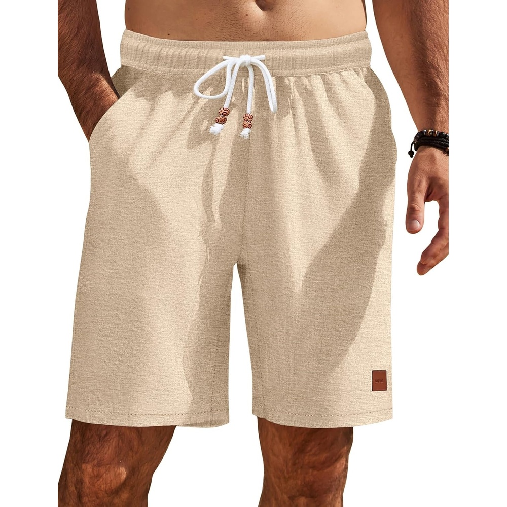image:imageCOOFANDY Mens Summer Beach Shorts Casual Vacation Shorts Drawstring Shorts  Elastic Waist Lightweight Stretch Short 9 Inch Inseam Slim Fit Holiday Vacation Shorts Flat Front Short Hawaiian StyleLight Khaki