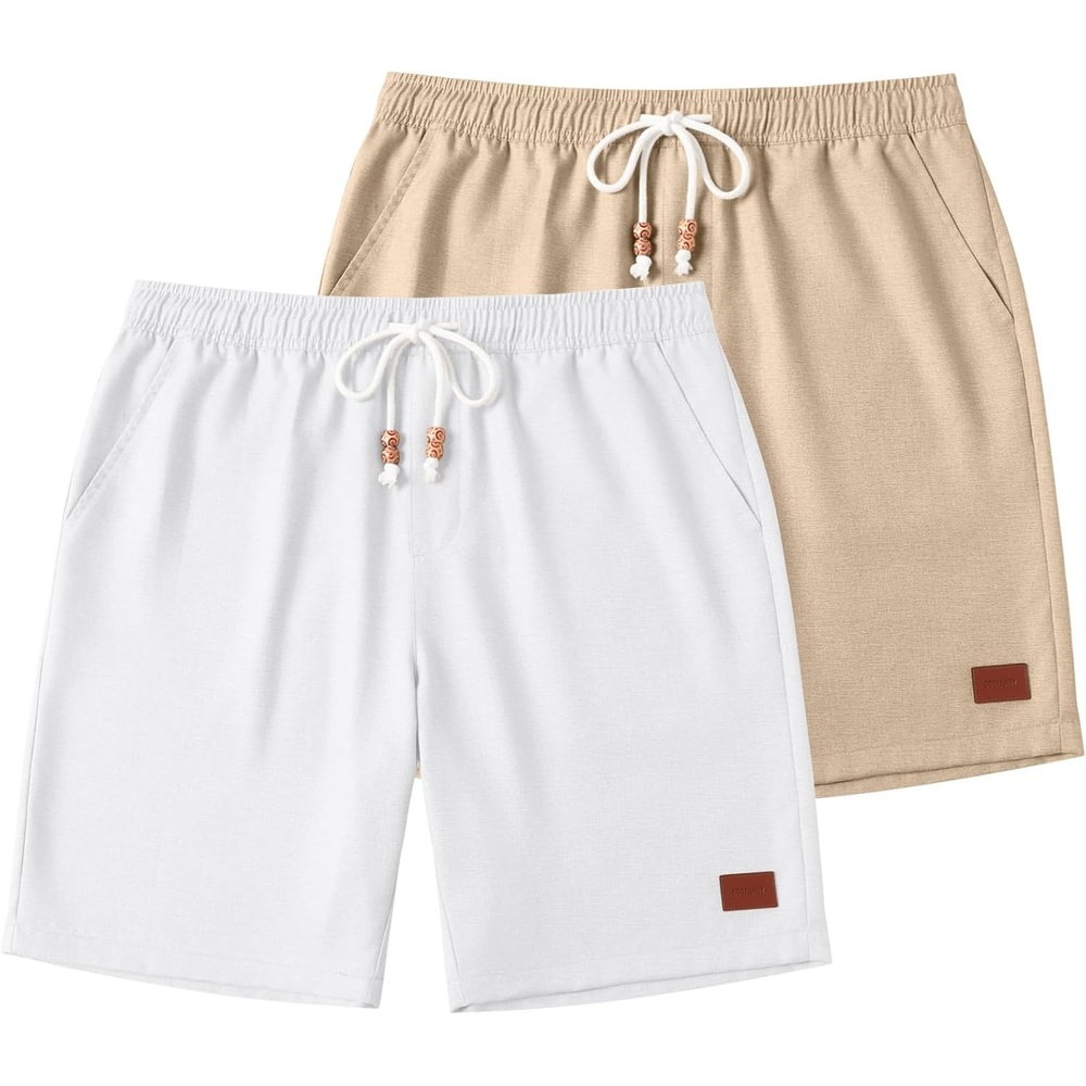 image:imageCOOFANDY Mens Summer Beach Shorts Casual Vacation Shorts Drawstring Shorts  Elastic Waist Lightweight Stretch Short 9 Inch Inseam Slim Fit Holiday Vacation Shorts Flat Front Short Hawaiian StyleWhite and Khaki