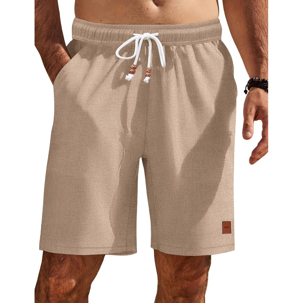 image:imageCOOFANDY Mens Summer Beach Shorts Casual Vacation Shorts Drawstring Shorts  Elastic Waist Lightweight Stretch Short 9 Inch Inseam Slim Fit Holiday Vacation Shorts Flat Front Short Hawaiian StyleKhaki
