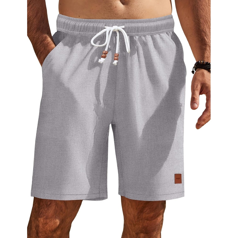 image:imageCOOFANDY Mens Summer Beach Shorts Casual Vacation Shorts Drawstring Shorts  Elastic Waist Lightweight Stretch Short 9 Inch Inseam Slim Fit Holiday Vacation Shorts Flat Front Short Hawaiian StyleLight Grey