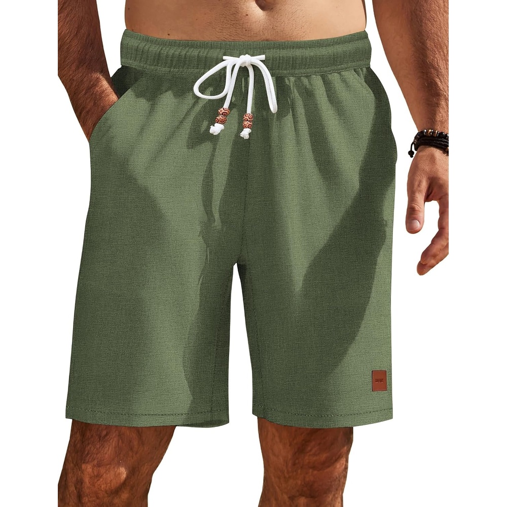 image:imageCOOFANDY Mens Summer Beach Shorts Casual Vacation Shorts Drawstring Shorts Elastic Waist Lightweight Stretch Short 9 Inch Inseam Slim Fit Holiday Vacation Shorts Flat Front Short Hawaiian StyleArmy Green