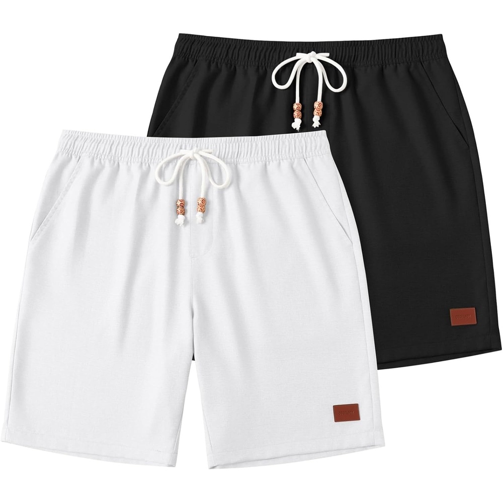 image:imageCOOFANDY Mens Summer Beach Shorts Casual Vacation Shorts Drawstring Shorts  Elastic Waist Lightweight Stretch Short 9 Inch Inseam Slim Fit Holiday Vacation Shorts Flat Front Short Hawaiian StyleWhite and Black