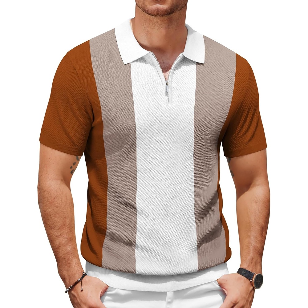 image:imageCOOFANDY Mens Textured Knit Polo Shirts Zipper Polo Shirts Short Sleeve Casual Lightweight Golf ShirtStripes Brown White