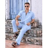 COOFANDY Men’s 2 Piece Casual Beach Set Button Down Shirt and Loose Pants | 2 Piece Linen Set,Lightweight,Casual Beach Wear,Vacation Walking Outfits,Faux Linen Texture(Light Blue)