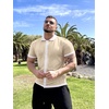 COOFANDY Men’s Knit Button Down Shirt Vintage Short Sleeve Polo Shirts Casual Beach Tops(Cream & White)