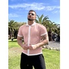 COOFANDY Men’s Knit Button Down Shirt Vintage Short Sleeve Polo Shirts Casual Beach Tops(Pink & White)