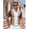 COOFANDY Mens Textured Knit Polo Shirts Zipper Polo Shirts Short Sleeve Casual Lightweight Golf Shirt(Stripes – Brown & White)