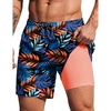 COOFANDY 2 in 1 Mens Swim Trunks 7 Inch Swim Shorts Swim Suits Board Shorts | 7 Inch，Quick Dry Fabric，Drawstring with Elastic Waist，Cooling Compression Liner with an Extra Pocket, Athletic Fit(Hawaiian Leaves)