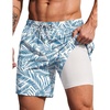 COOFANDY 2 in 1 Mens Swim Trunks 7 Inch Swim Shorts Swim Suits Board Shorts | 7 Inch，Quick Dry Fabric，Drawstring with Elastic Waist，Cooling Compression Liner with an Extra Pocket, Athletic Fit(Deep Blue Plam Leaf)