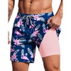 COOFANDY 2 in 1 Mens Swim Trunks 7 Inch Swim Shorts Swim Suits Board Shorts | 7 Inch，Quick Dry Fabric，Drawstring with Elastic Waist，Cooling Compression Liner with an Extra Pocket, Athletic Fit(Blue Pink Flamingo)