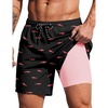 COOFANDY 2 in 1 Mens Swim Trunks 7 Inch Swim Shorts Swim Suits Board Shorts | 7 Inch，Quick Dry Fabric，Drawstring with Elastic Waist，Cooling Compression Liner with an Extra Pocket, Athletic Fit(Pinkshark Black)