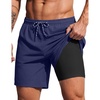 COOFANDY 2 in 1 Mens Swim Trunks 7 Inch Swim Shorts Swim Suits Board Shorts | 7 Inch，Quick Dry Fabric，Drawstring with Elastic Waist，Cooling Compression Liner with an Extra Pocket, Athletic Fit(Navy Bule)
