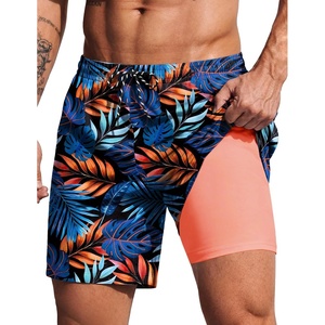 COOFANDY 2 in 1 Mens Swim Trunks 7 Inch Swim Shorts Swim Suits Board Shorts | 7 Inch，Quick Dry Fabric，Drawstring with Elastic Waist，Cooling Compression Liner with an Extra Pocket, Athletic Fit(Hawaiian Leaves)