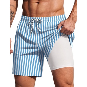 COOFANDY 2 in 1 Mens Swim Trunks 7 Inch Swim Shorts Swim Suits Board Shorts | 7 Inch，Quick Dry Fabric，Drawstring with Elastic Waist，Cooling Compression Liner with an Extra Pocket, Athletic Fit(Blue Stripe)