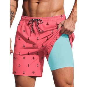 COOFANDY 2 in 1 Mens Swim Trunks 7 Inch Swim Shorts Swim Suits Board Shorts | 7 Inch，Quick Dry Fabric，Drawstring with Elastic Waist，Cooling Compression Liner with an Extra Pocket, Athletic Fit(Pink Anchor)