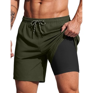 COOFANDY 2 in 1 Mens Swim Trunks 7 Inch Swim Shorts Swim Suits Board Shorts | 7 Inch，Quick Dry Fabric，Drawstring with Elastic Waist，Cooling Compression Liner with an Extra Pocket, Athletic Fit(Olive Green)