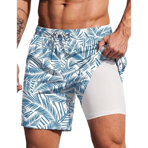 COOFANDY 2 in 1 Mens Swim Trunks 7 Inch Swim Shorts Swim Suits Board Shorts | 7 Inch，Quick Dry Fabric，Drawstring with Elastic Waist，Cooling Compression Liner with an Extra Pocket, Athletic Fit(Deep Blue Plam Leaf)