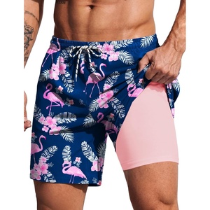 COOFANDY 2 in 1 Mens Swim Trunks 7 Inch Swim Shorts Swim Suits Board Shorts | 7 Inch，Quick Dry Fabric，Drawstring with Elastic Waist，Cooling Compression Liner with an Extra Pocket, Athletic Fit(Blue Pink Flamingo)