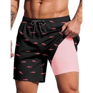 COOFANDY 2 in 1 Mens Swim Trunks 7 Inch Swim Shorts Swim Suits Board Shorts | 7 Inch，Quick Dry Fabric，Drawstring with Elastic Waist，Cooling Compression Liner with an Extra Pocket, Athletic Fit(Pinkshark Black)