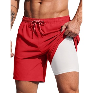 COOFANDY 2 in 1 Mens Swim Trunks 7 Inch Swim Shorts Swim Suits Board Shorts | 7 Inch，Quick Dry Fabric，Drawstring with Elastic Waist，Cooling Compression Liner with an Extra Pocket, Athletic Fit(Red)