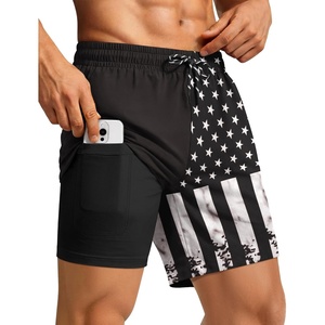 COOFANDY 2 in 1 Mens Swim Trunks 7 Inch Swim Shorts Swim Suits Board Shorts | 7 Inch，Quick Dry Fabric，Drawstring with Elastic Waist，Cooling Compression Liner with an Extra Pocket, Athletic Fit(Black American Flag)