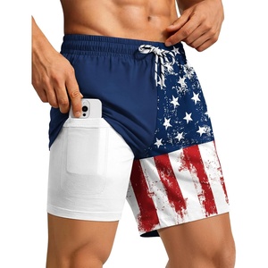 COOFANDY 2 in 1 Mens Swim Trunks 7 Inch Swim Shorts Swim Suits Board Shorts | 7 Inch，Quick Dry Fabric，Drawstring with Elastic Waist，Cooling Compression Liner with an Extra Pocket, Athletic Fit(Navy National Flag)
