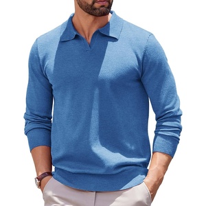 COOFANDY Long Sleeve Polo Shirts for Men Pullover Sweaters Knit Polo Shirt | Vintage V-Neck Polo,Retro Open Collar,Soft Breathable Knit,Stretch Ribbed Cuffs & Hem,Vacation Casual Style,Business(Dark Blue)