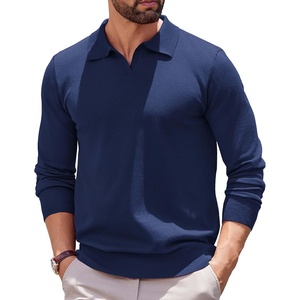 COOFANDY Long Sleeve Polo Shirts for Men Pullover Sweaters Knit Polo Shirt | Vintage V-Neck Polo,Retro Open Collar,Soft Breathable Knit,Stretch Ribbed Cuffs & Hem,Vacation Casual Style,Business(Navy Blue)