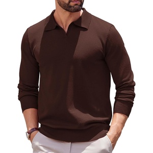 COOFANDY Long Sleeve Polo Shirts for Men Pullover Sweaters Knit Polo Shirt | Vintage V-Neck Polo,Retro Open Collar,Soft Breathable Knit,Stretch Ribbed Cuffs & Hem,Vacation Casual Style,Business(Brown)