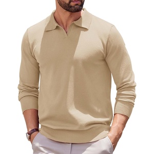 COOFANDY Long Sleeve Polo Shirts for Men Pullover Sweaters Knit Polo Shirt | Vintage V-Neck Polo,Retro Open Collar,Soft Breathable Knit,Stretch Ribbed Cuffs & Hem,Vacation Casual Style,Business(Khaki)