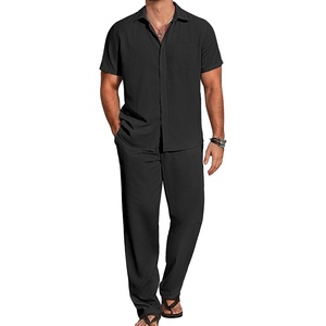 COOFANDY Men’s 2 Piece Casual Beach Set Button Down Shirt and Loose Pants | 2 Piece Linen Set,Lightweight,Casual Beach Wear,Vacation Walking Outfits,Faux Linen Texture(Black)