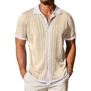 COOFANDY Men’s Knit Button Down Shirt Vintage Short Sleeve Polo Shirts Casual Beach Tops(Cream & White)