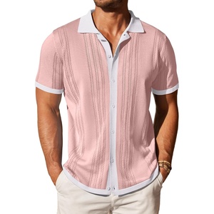 COOFANDY Men’s Knit Button Down Shirt Vintage Short Sleeve Polo Shirts Casual Beach Tops(Pink & White)