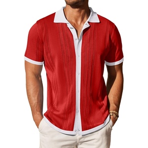 COOFANDY Men’s Knit Button Down Shirt Vintage Short Sleeve Polo Shirts Casual Beach Tops(Red & White)
