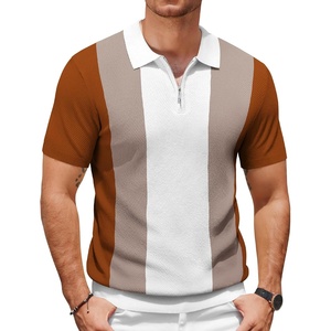 COOFANDY Mens Textured Knit Polo Shirts Zipper Polo Shirts Short Sleeve Casual Lightweight Golf Shirt(Stripes – Brown & White)