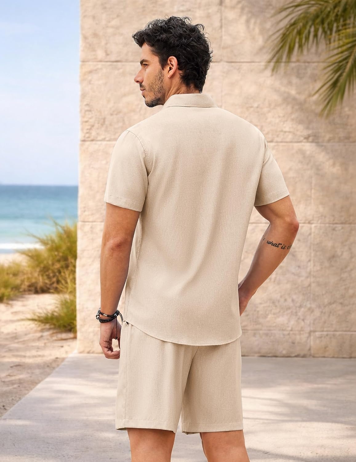 image:imageCOOFANDY 2 Piece Set for Men Cruise Outfits Set Mens Summer Vacation Outfit Short Sleeve Button Down ShirtsBeige