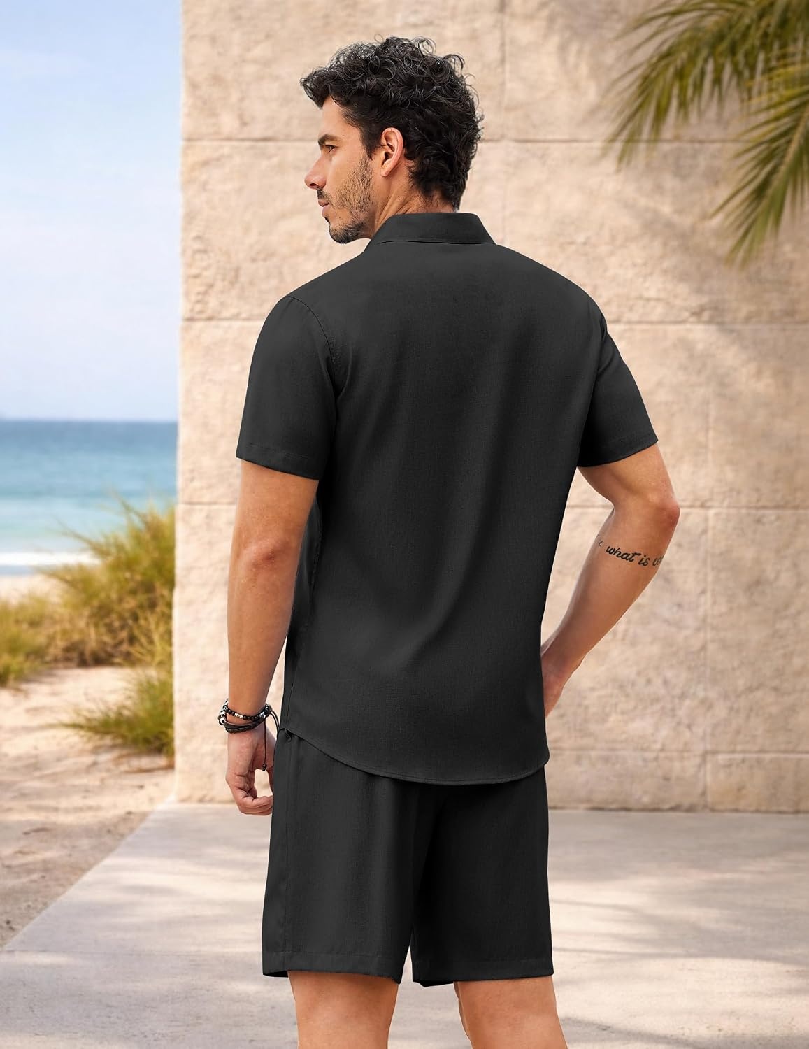 image:imageCOOFANDY 2 Piece Set for Men Cruise Outfits Set Mens Summer Vacation Outfit Short Sleeve Button Down ShirtsBlack