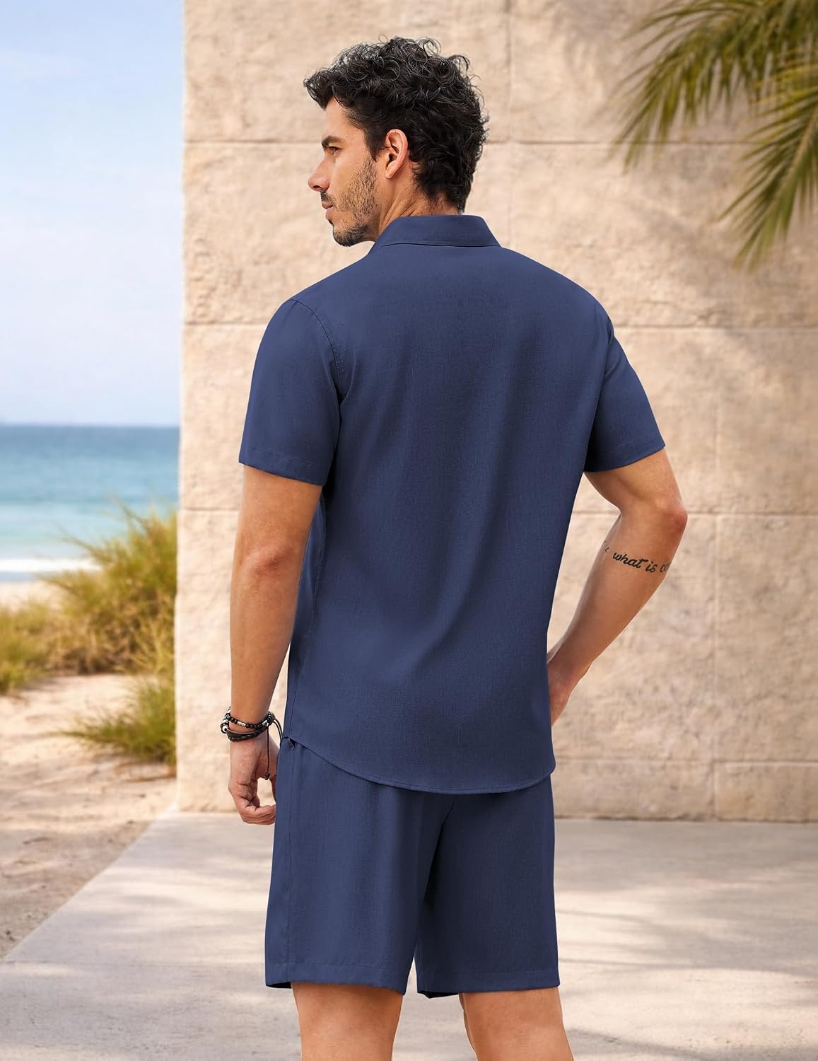 image:imageCOOFANDY 2 Piece Set for Men Cruise Outfits Set Mens Summer Vacation Outfit Short Sleeve Button Down ShirtsNavy Blue