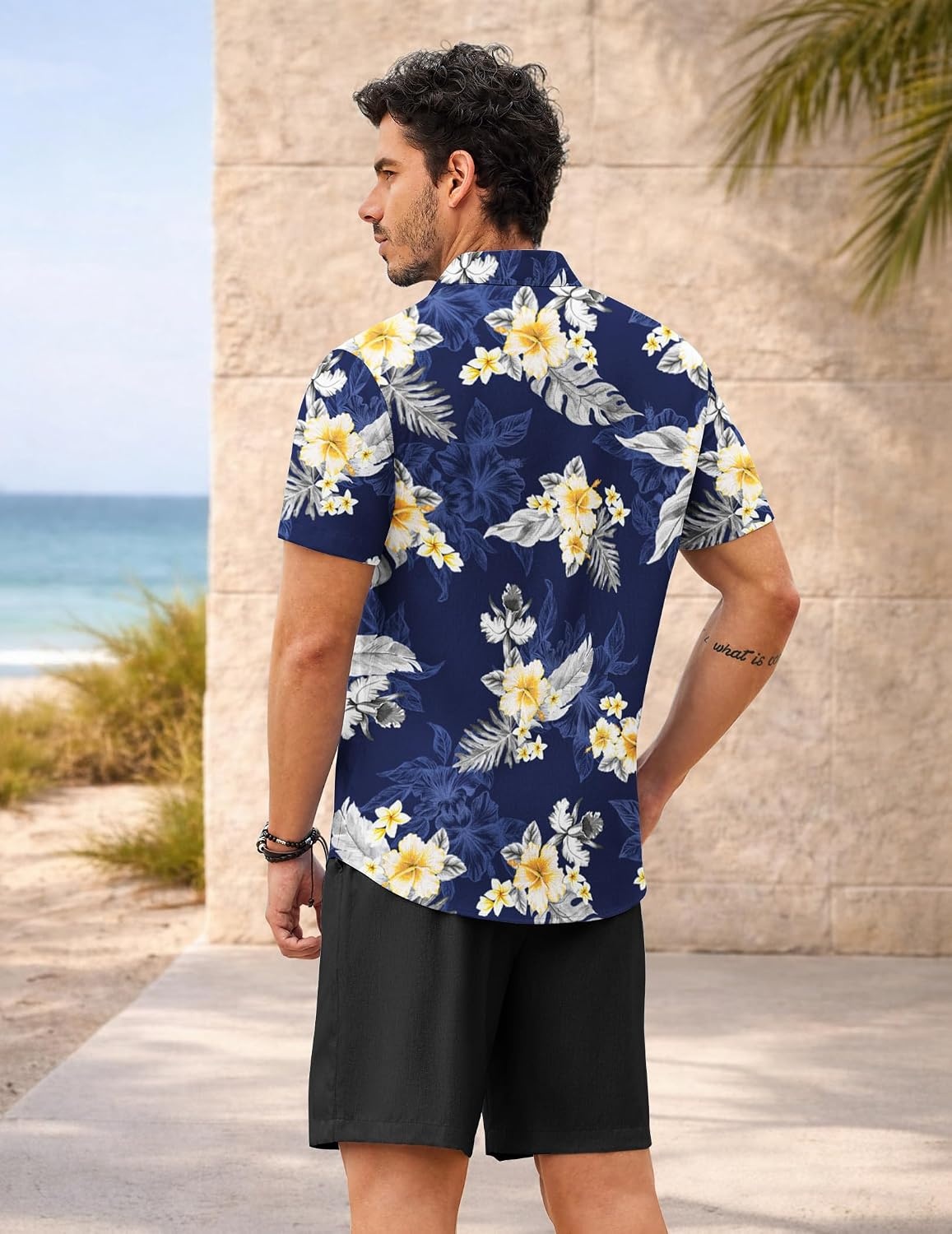 image:imageCOOFANDY 2 Piece Set for Men Cruise Outfits Set Mens Summer Vacation Outfit Short Sleeve Button Down ShirtsNavyapricot Bloom