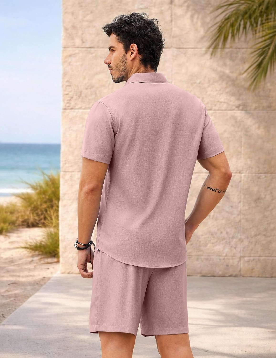 image:imageCOOFANDY 2 Piece Set for Men Cruise Outfits Set Mens Summer Vacation Outfit Short Sleeve Button Down ShirtsPink