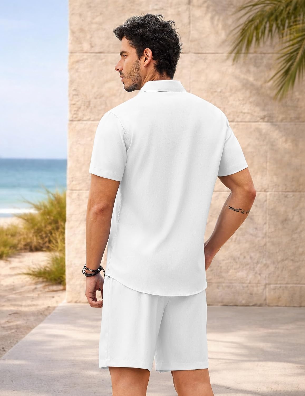 image:imageCOOFANDY 2 Piece Set for Men Cruise Outfits Set Mens Summer Vacation Outfit Short Sleeve Button Down ShirtsWhite